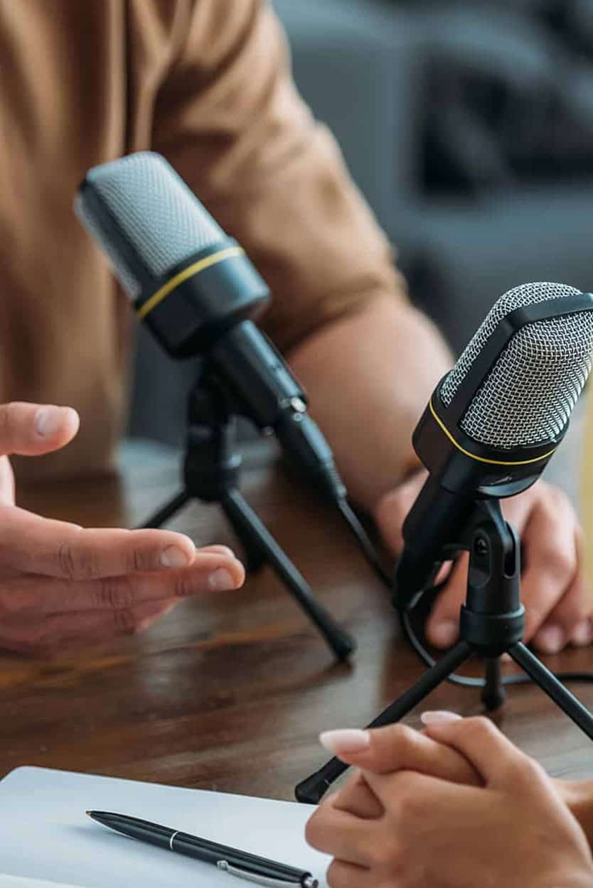 podcast interview in pr firm, with 2 microphones