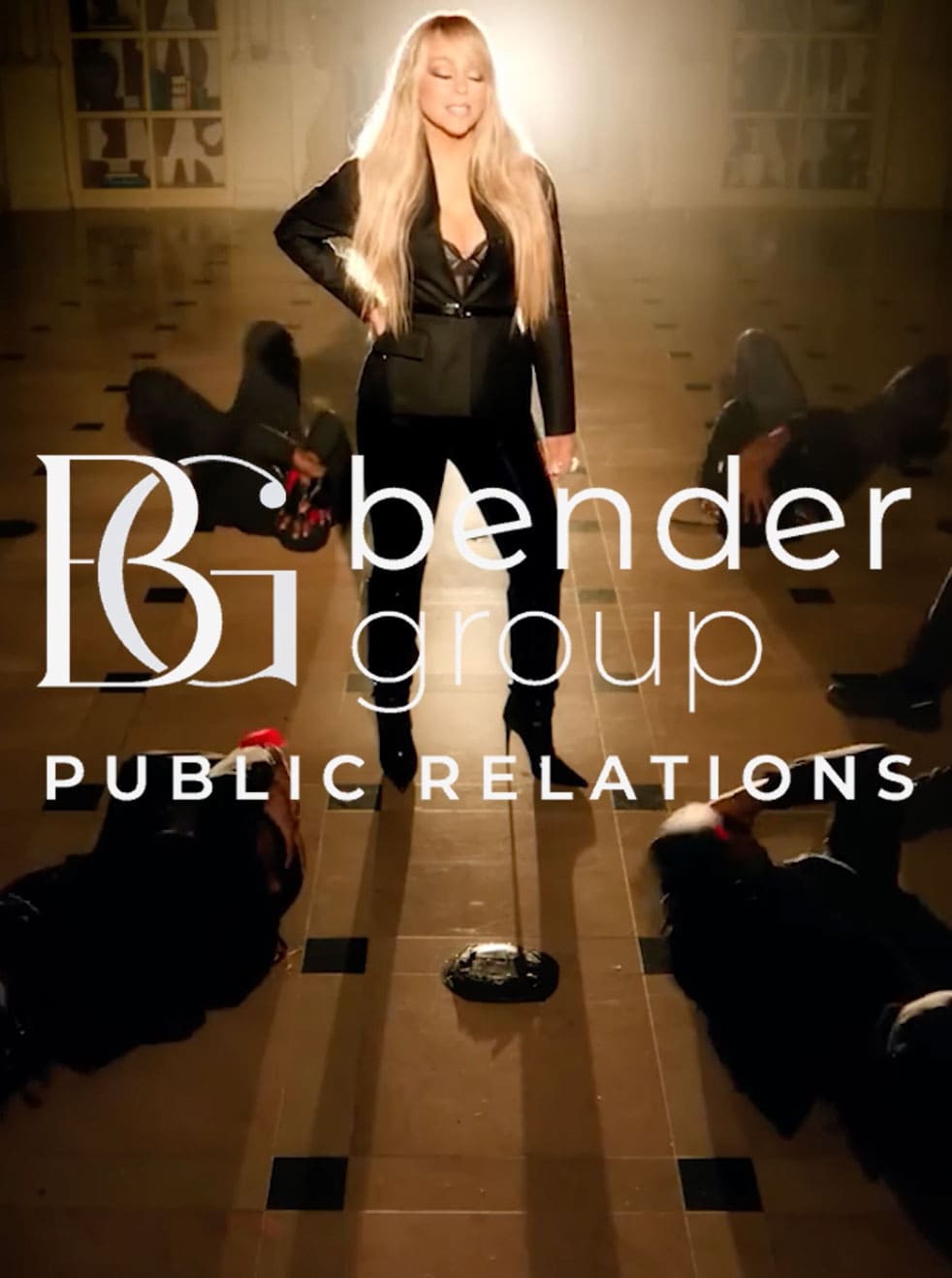 Mariah Carey posing for her Black Irish campaign, standing in her pop-up bar with people passed out on floor after party