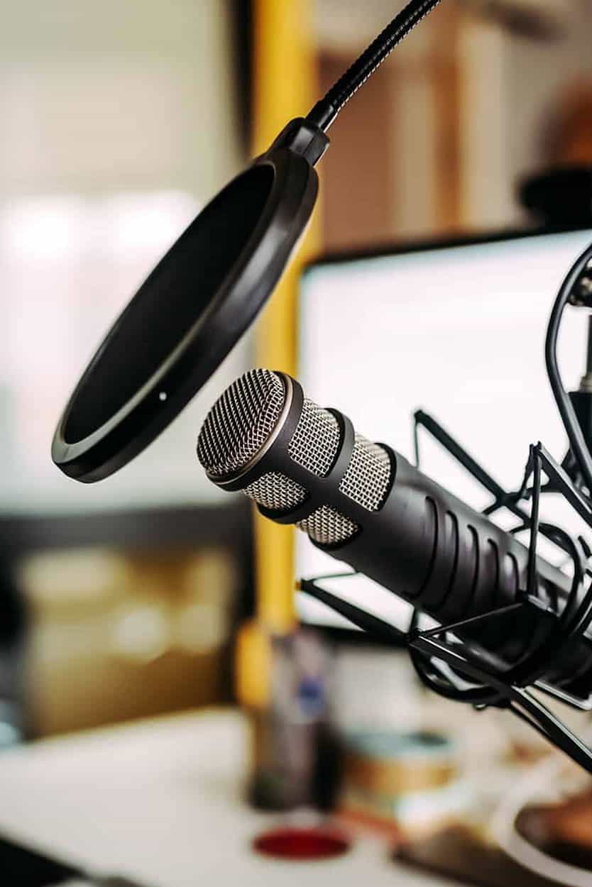 microphone in podcast studio in pr firm recording studio