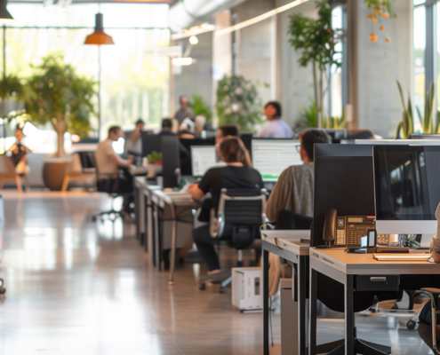 pr team working on their media relationships in large open office space setting