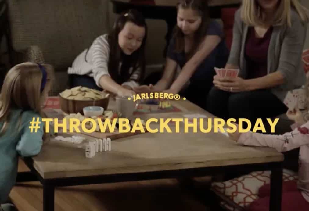 jarlsberg cheese throwback thursday ad with family eating dinner, vintage theme