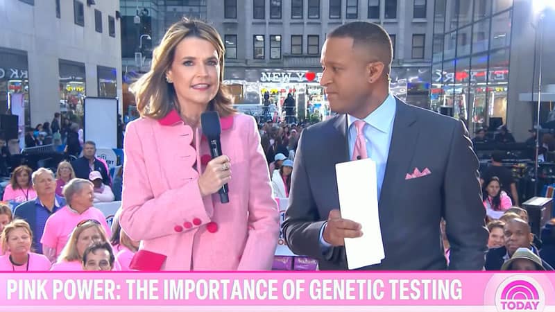 jscreen media campaign on national television, with 'pink power' and 'the importance of genetic testing' text