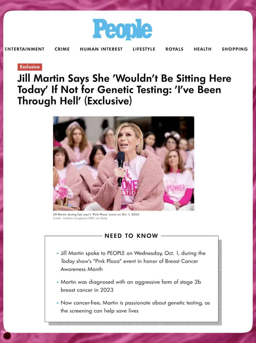 jscreen national publication screenshot of article and photo of Jill Martin and women wearing pink, with headline 'Jill Martin says she wouldn't be sitting here today if not for genetic testing: I've been through hell'