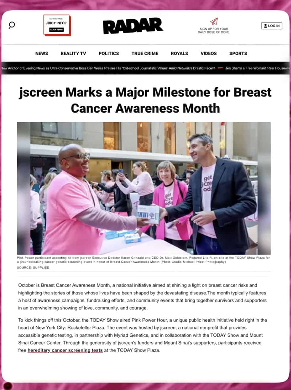 jscreen national media campaign article and photo of volunteers, with text ' jscreen Marks a major milestone for breast cancer awareness month'