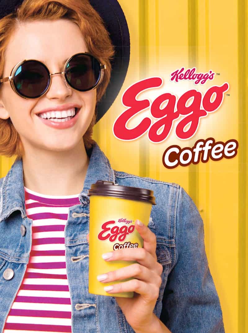 advertisement with hip woman holding Kellogg's Eggo Coffee cup for pr campaign photo shoot