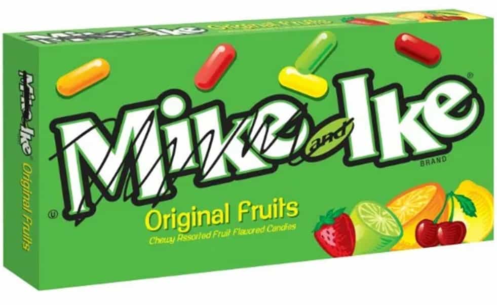 box of mike and ike cany with 'mike' scribbled out