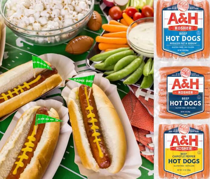 abeles and heymann hot dog packages and hotdog spread with veggies and dips for sports party