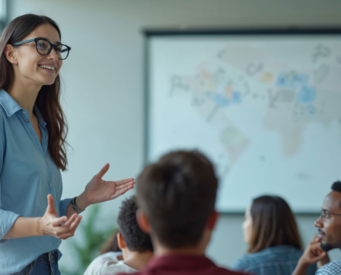 female teacher leading a lecture for students in classroom