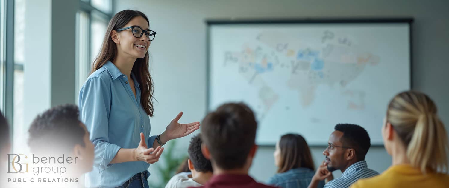 female teacher leading a lecture for students in classroom