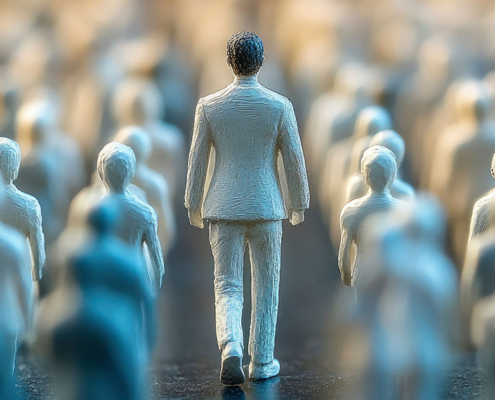 corporate businessman walking between a sea of seated business people who all look the same