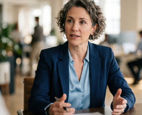 pr expert going over brand campaign with client in open office space