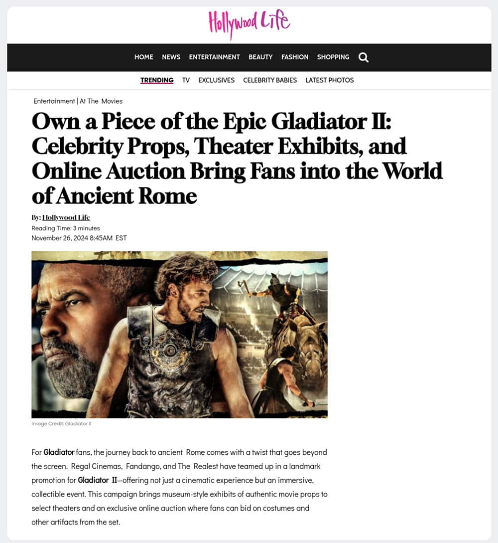 gladiator 2 movie news article about memorabilia auction pr campaign