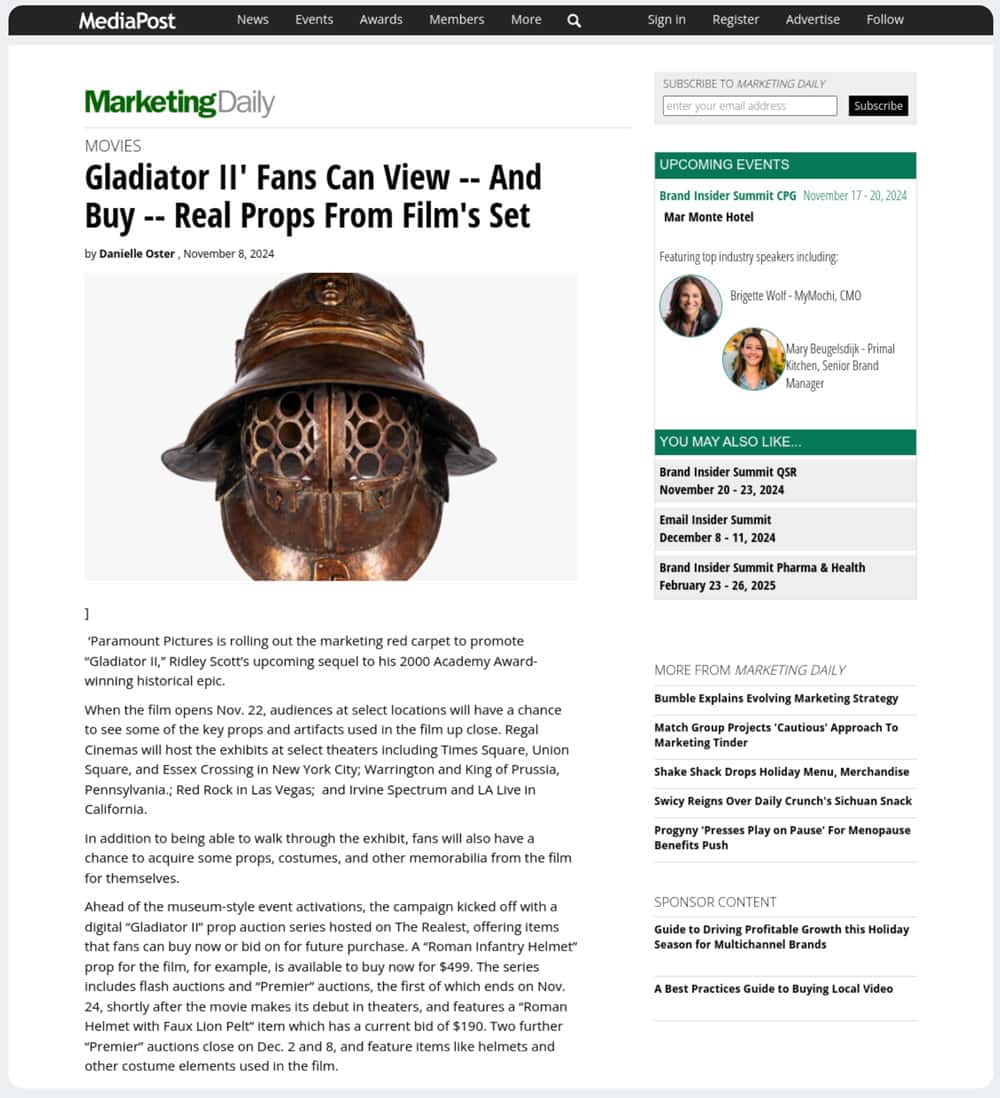 gladiator 2 movie news article about memorabilia auction pr campaign