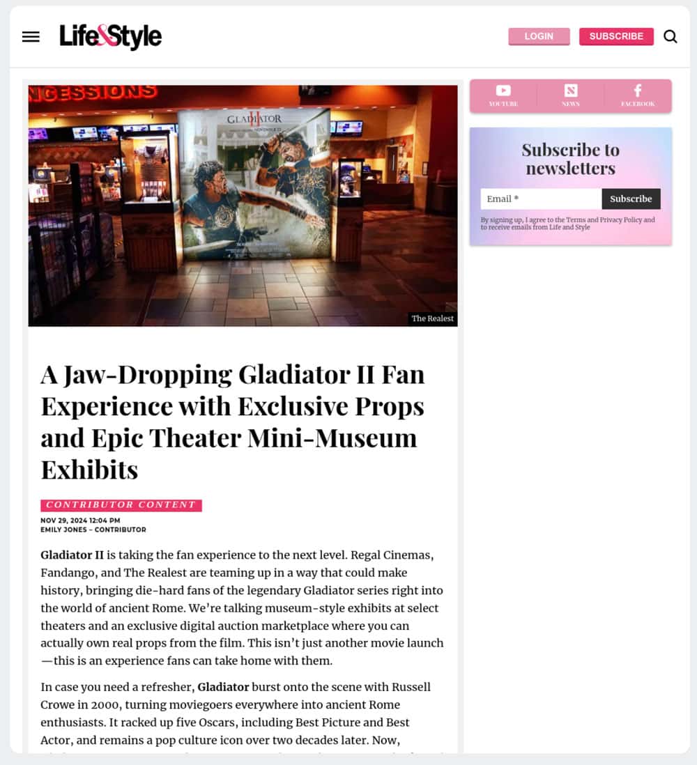 gladiator 2 movie news article about memorabilia auction pr campaign
