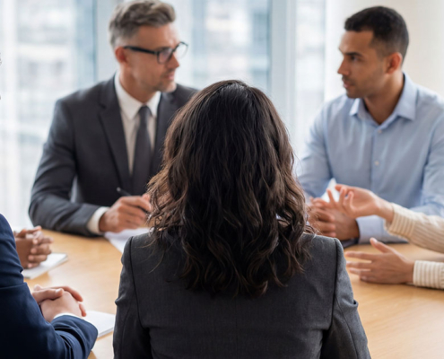 pr agency professionals in business attire meeting in corporate office